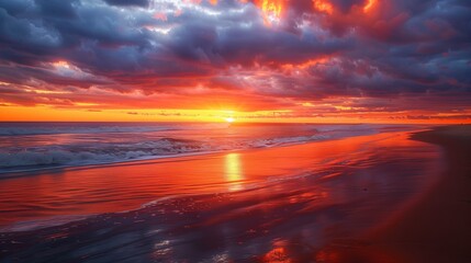A dramatic sunset paints the sky over a serene beach, waves reflecting fiery hues off the wet sand.