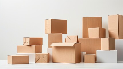 Stack of stacked cardboard boxes on white background. The boxes have different sizes and areas, stacked on top of each other.