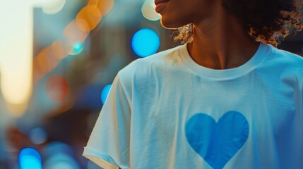 A woman wearing a white t-shirt adorned with a blue heart symbolizing kindness and volunteer work