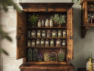 A 3D render of a Drung medicine cabinet filled with various herbs