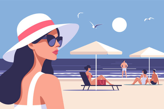 Summer time. Concept of summer party, vacation and travel. Woman in a hat and sunglasses on the beach, and people sunbathing on the background of the shore. Vector illustration in minimalistic style.
