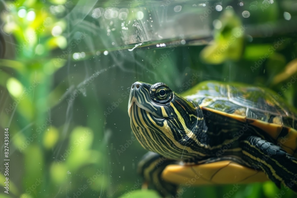 Aufkleber A turtle with a detailed shell surface peers out from the water, surrounded by greenery and bokeh