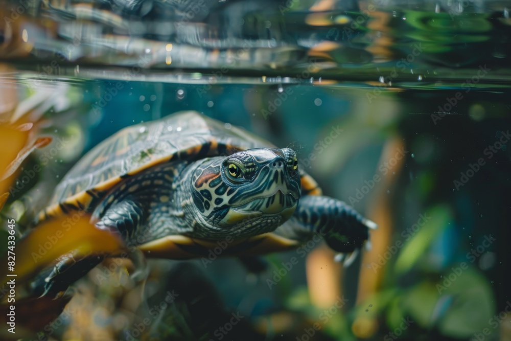 Poster a turtle swims near the water's surface, showcasing its patterned shell and reflections