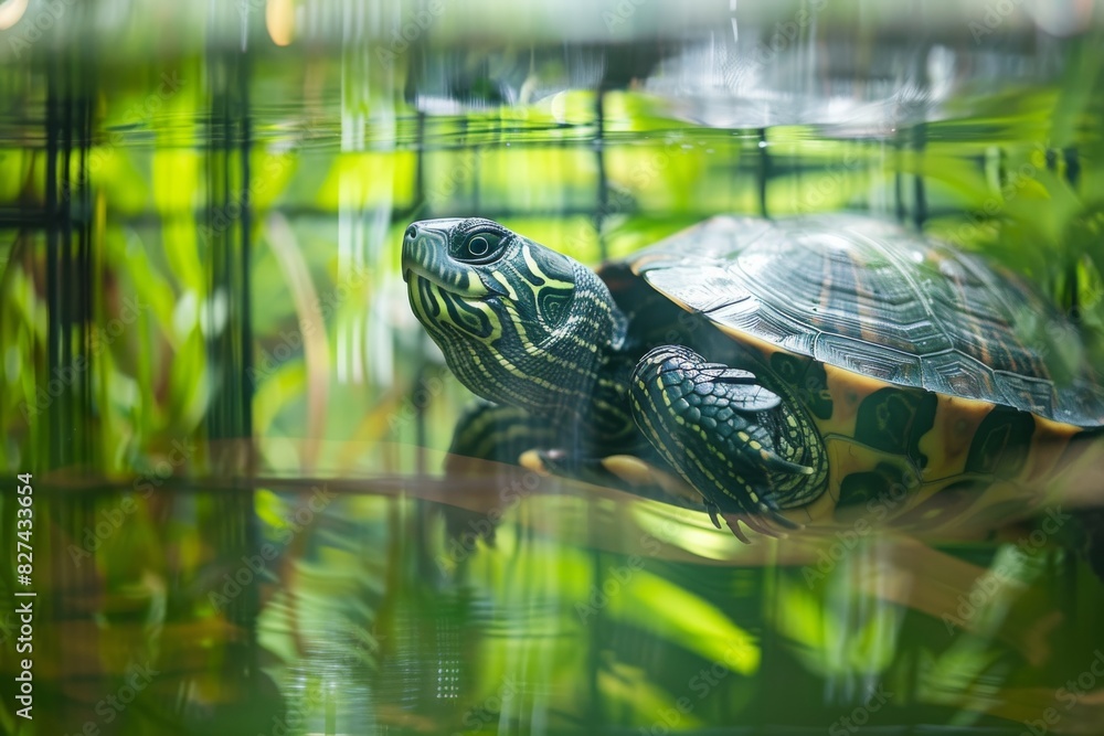 Poster turtle emerging from pond water with vivid reflections of surrounding greenery
