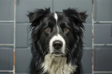 Fototapeta premium Close-up portrait of an inquisitive black and white Border Collie tilting its head