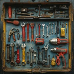 Fototapeta premium Organized toolbox with various tools including wrenches, screwdrivers, drill, and pliers. Ideal for construction and DIY projects.