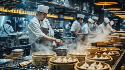 A bustling restaurant kitchen with chefs preparing tangbao, with stacks of bamboo steamers and trays of freshly made dumplings ready for cooking