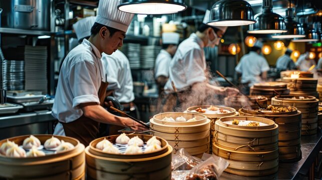 A bustling restaurant kitchen with chefs preparing tangbao, with stacks of bamboo steamers and trays of freshly made dumplings ready for cooking - Powered by Adobe