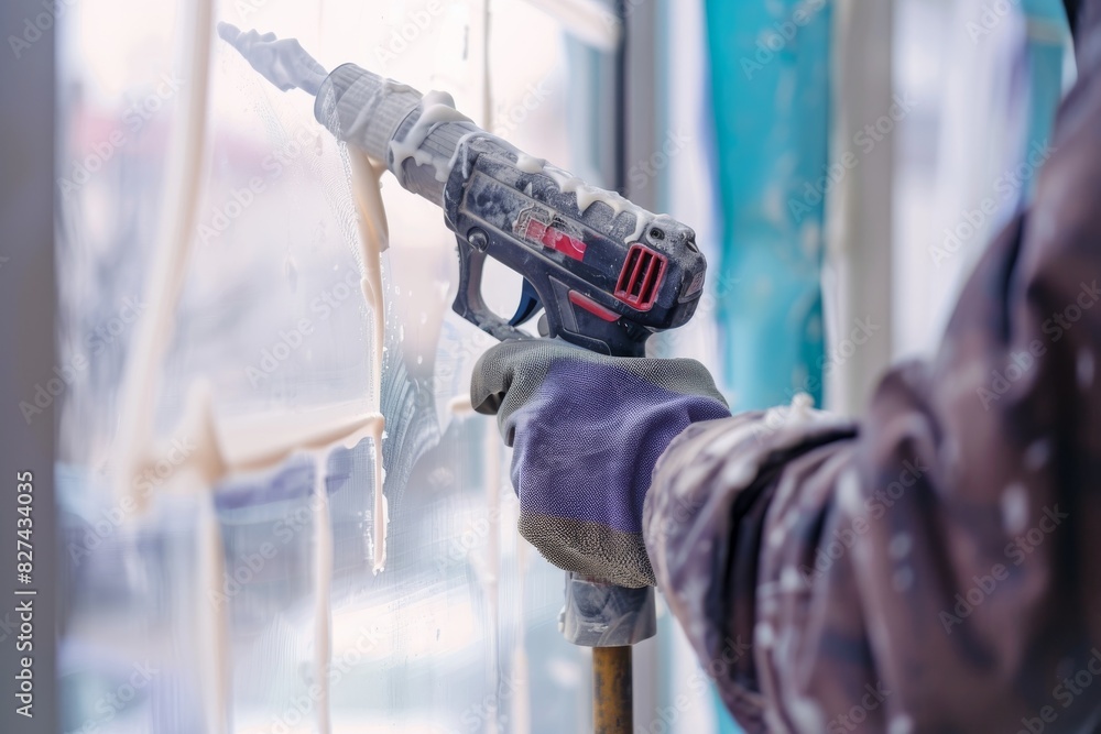 Poster an image of a construction worker applying sealant on a window using a caulking gun during installat