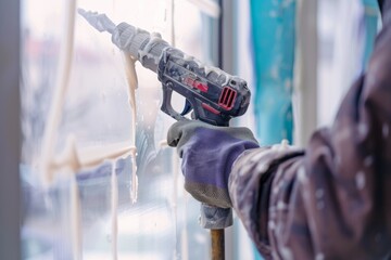 An image of a construction worker applying sealant on a window using a caulking gun during installation process