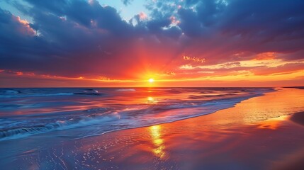 A sunset lights up a serene beach, waves lap the shore, fiery hues on wet sand; a breathtaking scene.