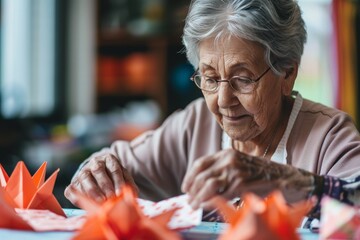 An aged person is engaged in the creative activity of folding origami paper, with a face obscured for anonymity
