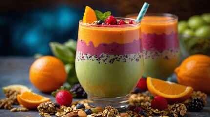 Horizontal close up of colourful smoothie with chia, papaya, greens and berries, decorated with fruits and granola, nature background with natural light, 16:9
