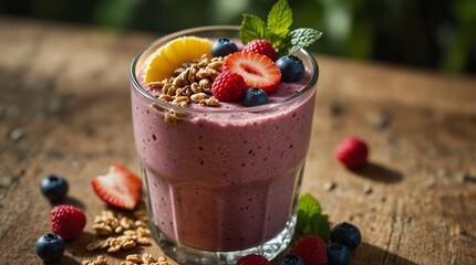 Horizontal close up of smoothie with berries, decorated with strawberries and granola, wooden table, 16:9 - Powered by Adobe