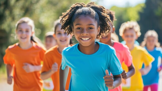 A group of happy children in colorful T-shirts are running together as they participate in a charity race