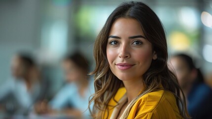 businesswoman leading a dynamic meeting, her confident demeanor and expressive gestures commanding attention from her colleagues