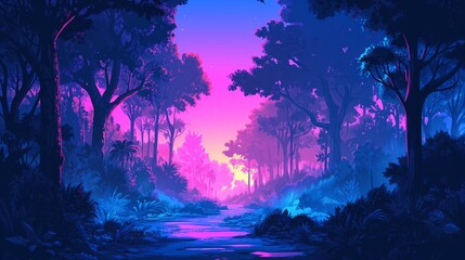 Obraz premium Mystic Sunset Over Serene Fantasy Forest.