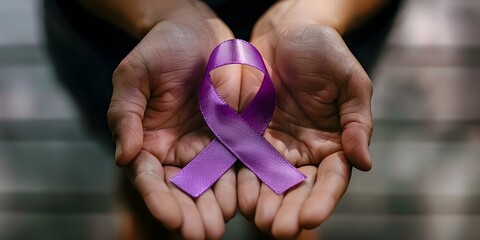Vivid image showcasing hands grasping purple cancer awareness ribbon symbol. Concept Health Awareness, Cancer Support, Symbolic Gesture, Purple Ribbon, Strong Message