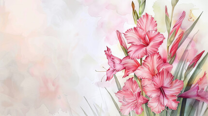 painting watercolor flower background illustration floral nature. pink gladiolus flower background for greeting cards weddings or birthdays. Copy space. - Powered by Adobe