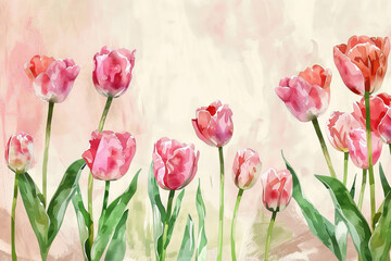 painting watercolor flower background illustration floral nature. pink tulips flower background for greeting cards weddings or birthdays. Copy space.