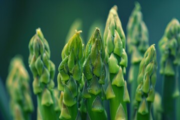 Closeup of vibrant green asparagus shoots sprouting in the garden with a softfocus background