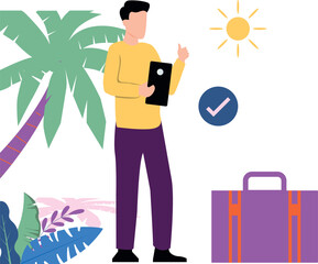 The boy is on vacation.