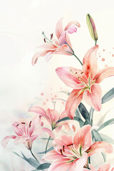 painting watercolor flower background illustration floral nature. pink lily flower background for greeting cards weddings or birthdays. Copy space.