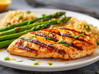 Grilled chicken breast with a delicious caramelized finish served with fresh asparagus and a side of brown rice, perfect for a healthy and tasty meal.