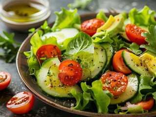 Fresh, vibrant salad with crisp lettuce, juicy cherry tomatoes, and sliced cucumber, seasoned with pepper and herbs, perfect for a healthy, delicious meal option.