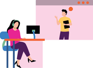 The girl is talking to the customer.