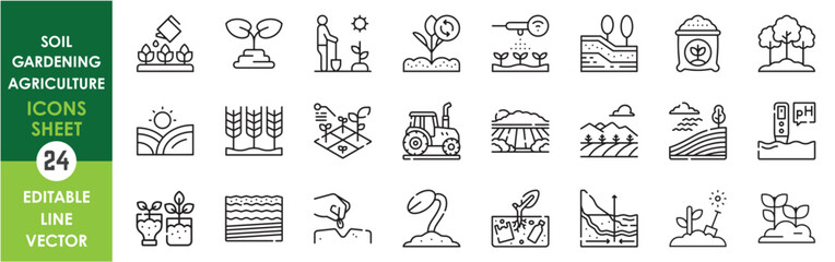 A set of line icons with soil, gardening and agriculture. Soil, crop, harvest, sow, sprout, trees, nature and so on. Vector outline icons set.