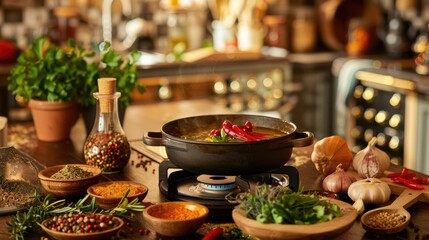 A cozy home kitchen setting with a pot of homemade simmering on the stove, surrounded by fresh ingredients and spices