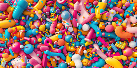 Colorful Chaos: A playful mix of colors and shapes scattered across the background, adding a sense of fun and spontaneity