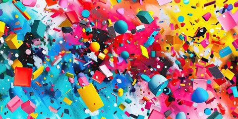 Colorful Chaos: A playful mix of colors and shapes scattered across the background, adding a sense of fun and spontaneity