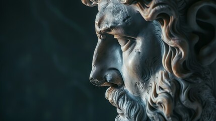 Close-up of a classical marble statue's profile. The statue is of a male figure with a beard and curly hair, typical of Greco-Roman depictions of gods or heroes