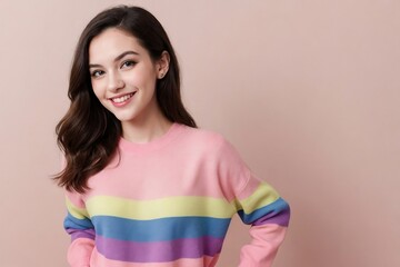 Cute young woman wearing a rainbow sweater, smiling and looking at the camera, standing on a pastel pink background with copy space.
