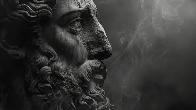 Classical stone sculpture of a bearded man's head, likely representing a figure from ancient history or mythology