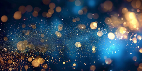 Obraz premium blue gold bokeh, Golden light shine particles bokeh on blue background. . Abstract blue background with Dark blue and gold particle.Christmas banner 