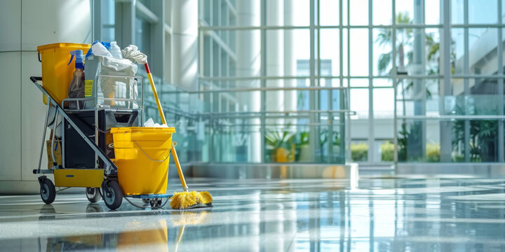 A cleaning cart with yellow buckets on the floor of an office building undergoing routine maintenance, copy space - Powered by Adobe