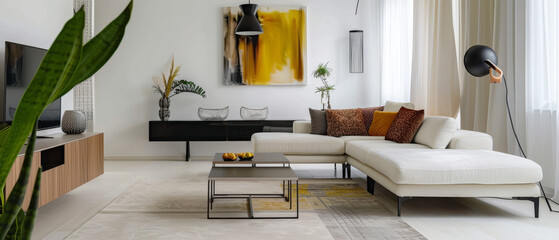 Stylish living room with a white wall, contemporary furniture, and unique decor pieces, creating a sophisticated look