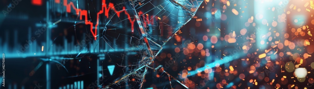 Poster a dynamic representation of financial market data with falling stock prices, overlaid with digital e