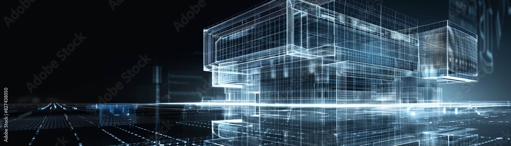 Poster a futuristic digital landscape featuring abstract wireframe architecture elements on a dark backgrou