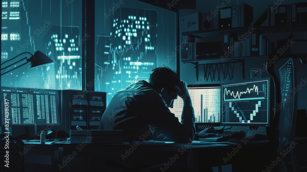 Aufkleber A man working late at night in a dimly lit office, focusing on computer screens displaying financial charts and data analysis with a city backdrop.