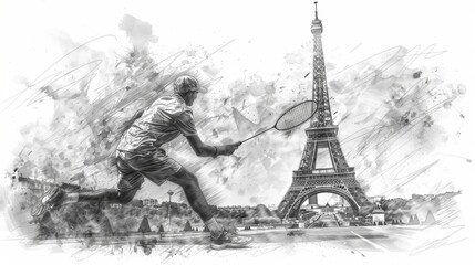 Obraz premium Black and white illustration, sketch, Summer Olympic Games, badminton player with a racket against the background of the Eiffel Tower and city panorama, free space for text