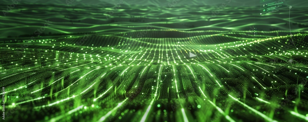 Leinwandbilder Abstract green digital grid landscape with flowing lines and glowing connections, representing data, technology, and futuristic concepts.