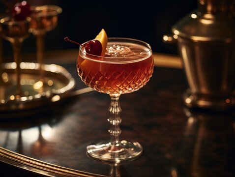 Elegant glass with a classic cocktail garnished with a cherry and orange slice, placed on a vintage bar counter with warm lighting.