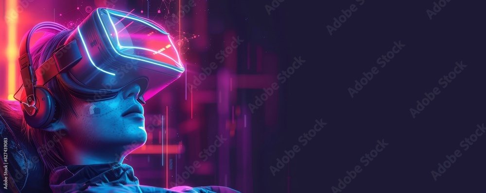 Poster futuristic image of a person using vr headset with neon lights and digital graphics, showcasing adva