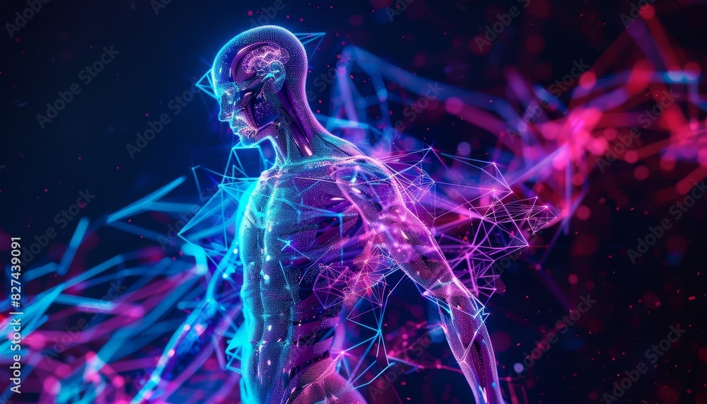 Poster futuristic digital human figure with neon lights and connected network lines, representing technolog