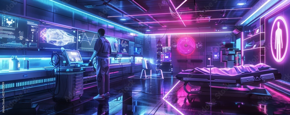 Aufkleber Futuristic laboratory with neon lights and advanced technology. Scientists conduct experiments in a high-tech environment.