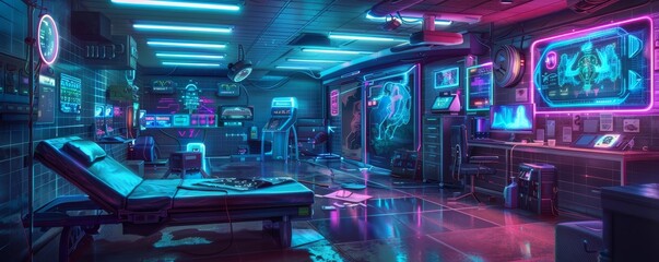 Futuristic cyberpunk lab with neon lights and advanced technology, featuring digital screens and electronic equipment in a sci-fi setting.
